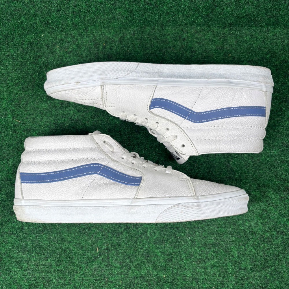 Vans Sk8-Mid White Pebbled Leather Blue Stripe Mens 11.5 Sneakers 721356